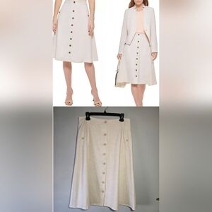 Calvin Klein Button Front A-Line Midi Skirt Size 12 Cream Neutral Workwear